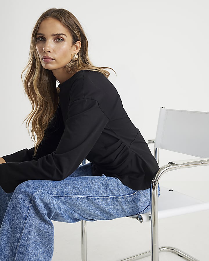 Black Long Sleeve Drape Side Top