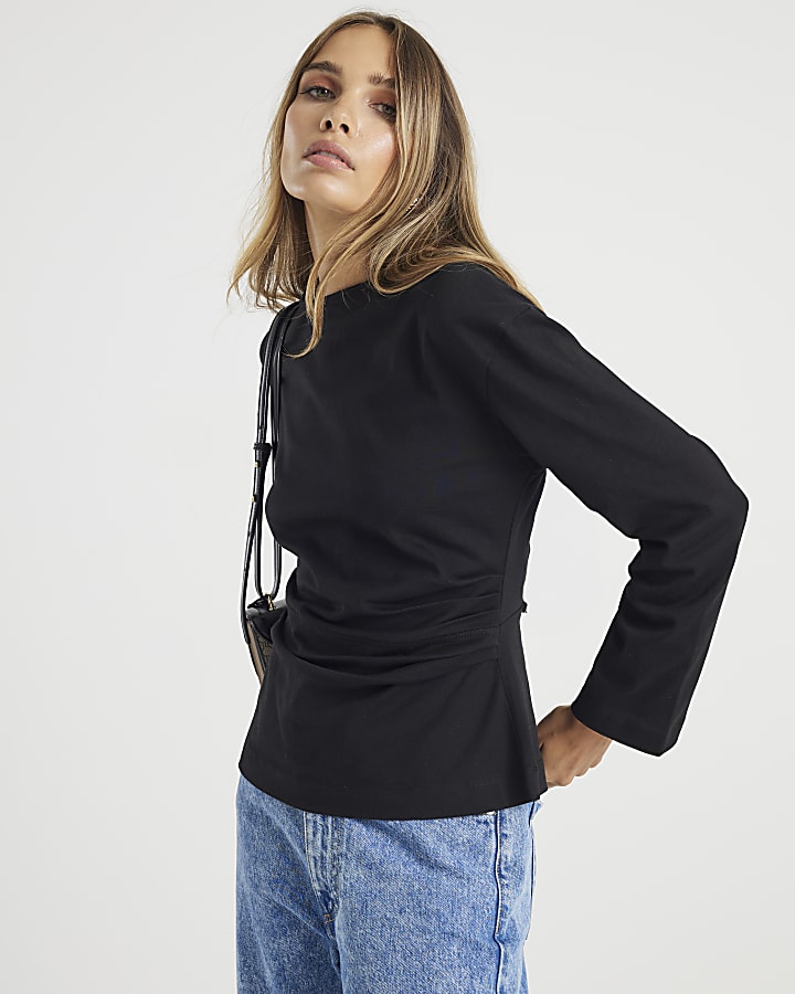 Black Long Sleeve Drape Side Top