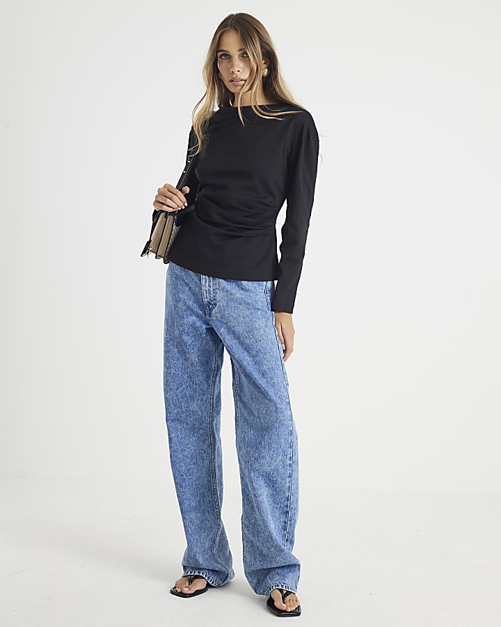 Black Long Sleeve Drape Side Top
