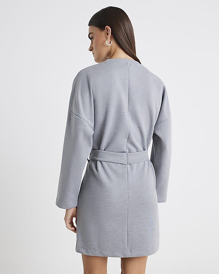 Grey Long Sleeve Belted Sweatshirt Dress