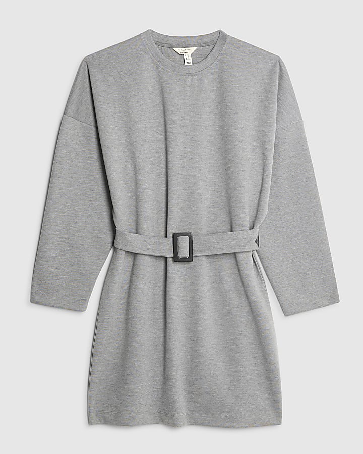 Grey Long Sleeve Belted Sweatshirt Dress