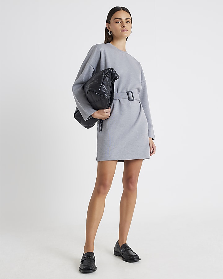 Grey Long Sleeve Belted Sweatshirt Dress