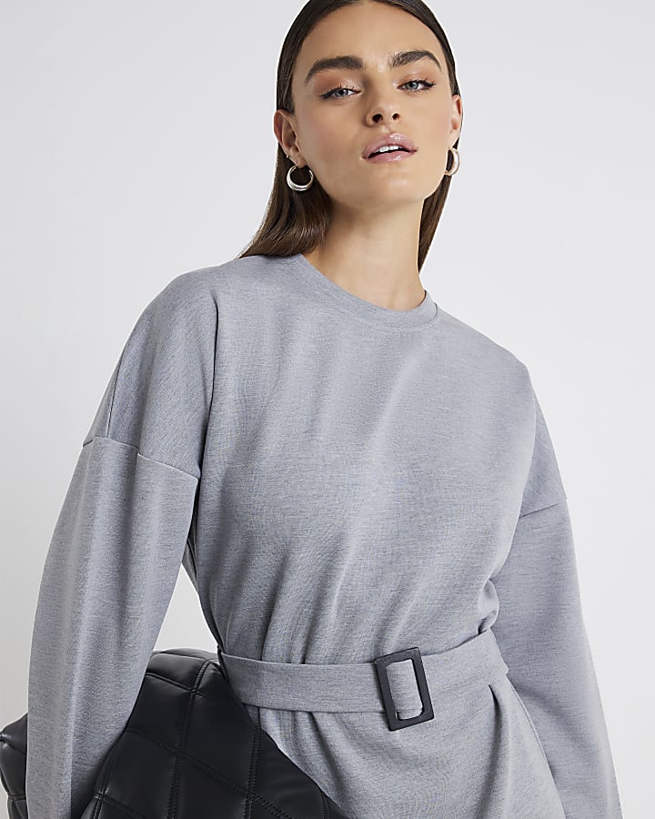 Grey Long Sleeve Belted Sweatshirt Dress