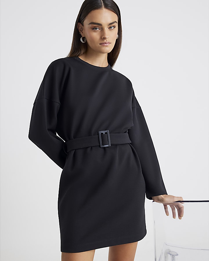 Black Long Sleeve Belted Sweatshirt Dress