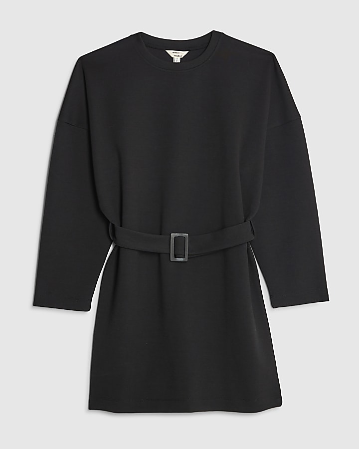 Black Long Sleeve Belted Sweatshirt Dress