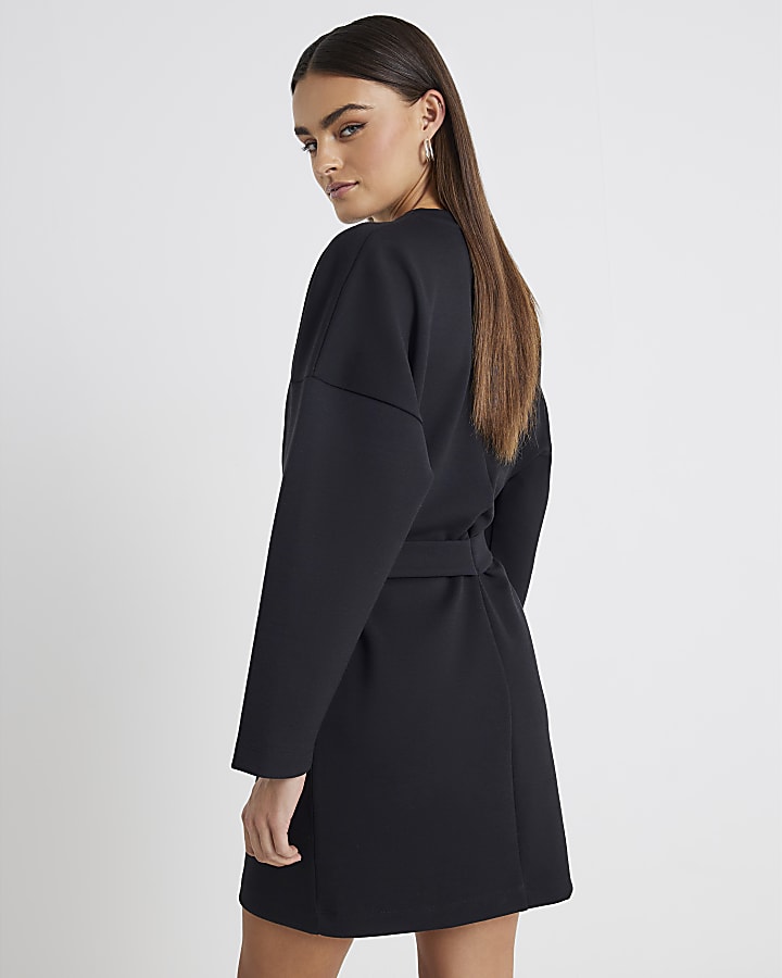 Black Long Sleeve Belted Sweatshirt Dress
