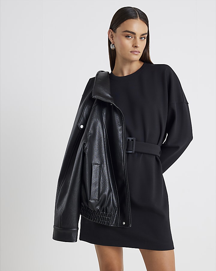 Black Long Sleeve Belted Sweatshirt Dress