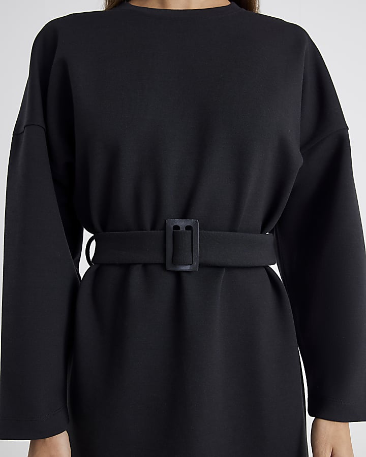 Black Long Sleeve Belted Sweatshirt Dress