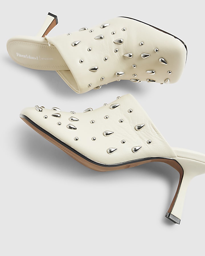 RI Studio Cream studded Leather Mule Heels