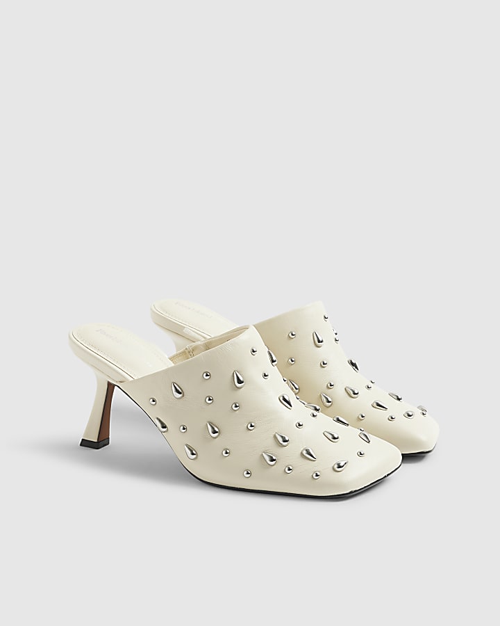 RI Studio Cream studded Leather Mule Heels