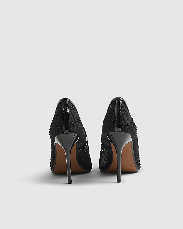Black Embellished Mesh Court Heels