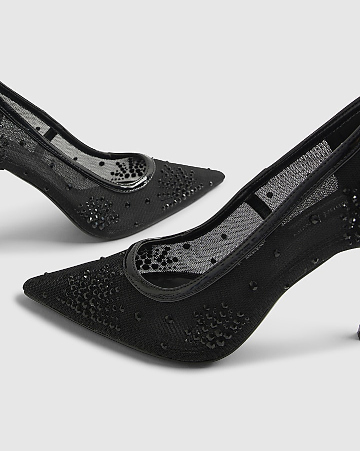 Black Embellished Mesh Court Heels