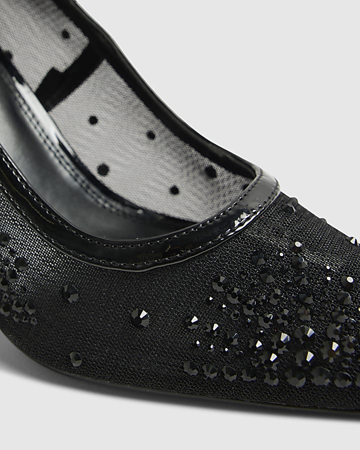 Black Embellished Mesh Court Heels
