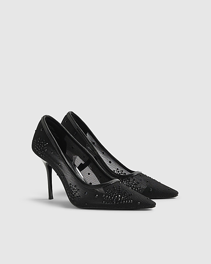 Black Embellished Mesh Court Heels