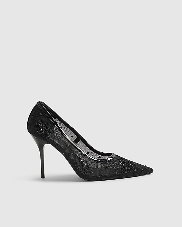 Black Embellished Mesh Court Heels