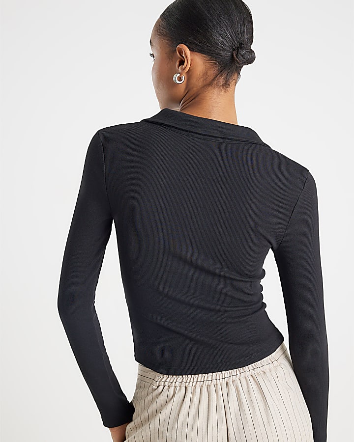 Black Long Sleeve Ruched Ribbed Polo Top