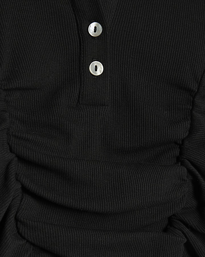Black Long Sleeve Ruched Ribbed Polo Top