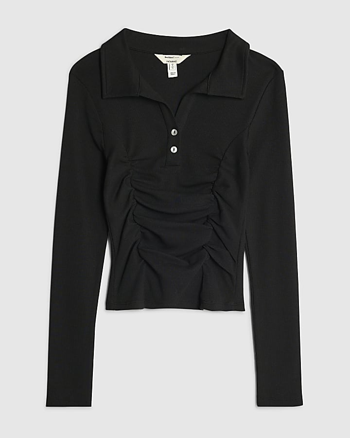 Black Long Sleeve Ruched Ribbed Polo Top
