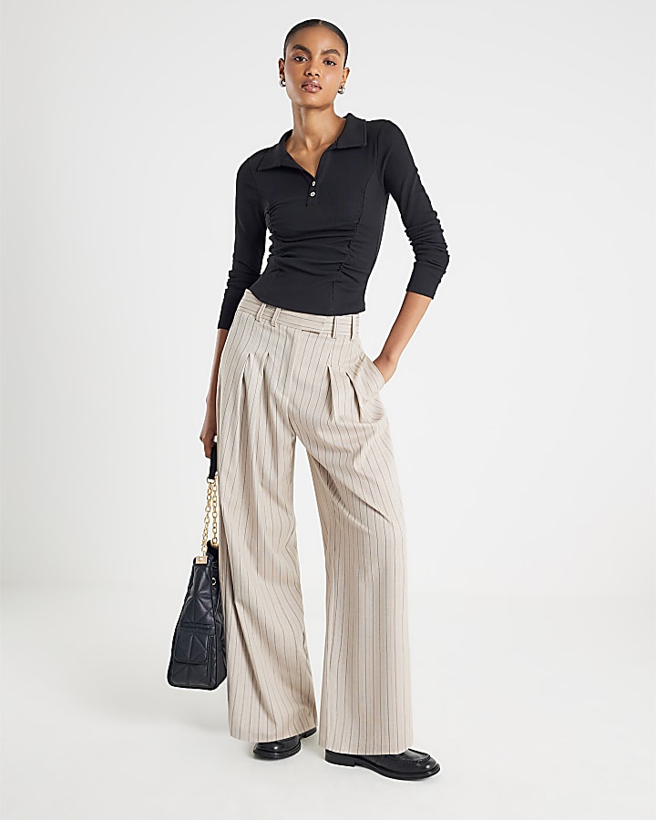 Black Long Sleeve Ruched Ribbed Polo Top