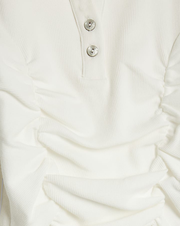 White Long Sleeve Ruched Ribbed Polo Top