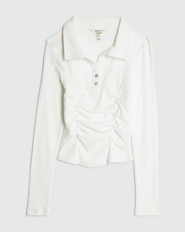 White Long Sleeve Ruched Ribbed Polo Top