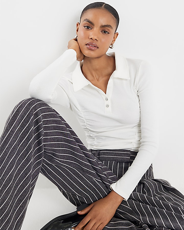 White Long Sleeve Ruched Ribbed Polo Top