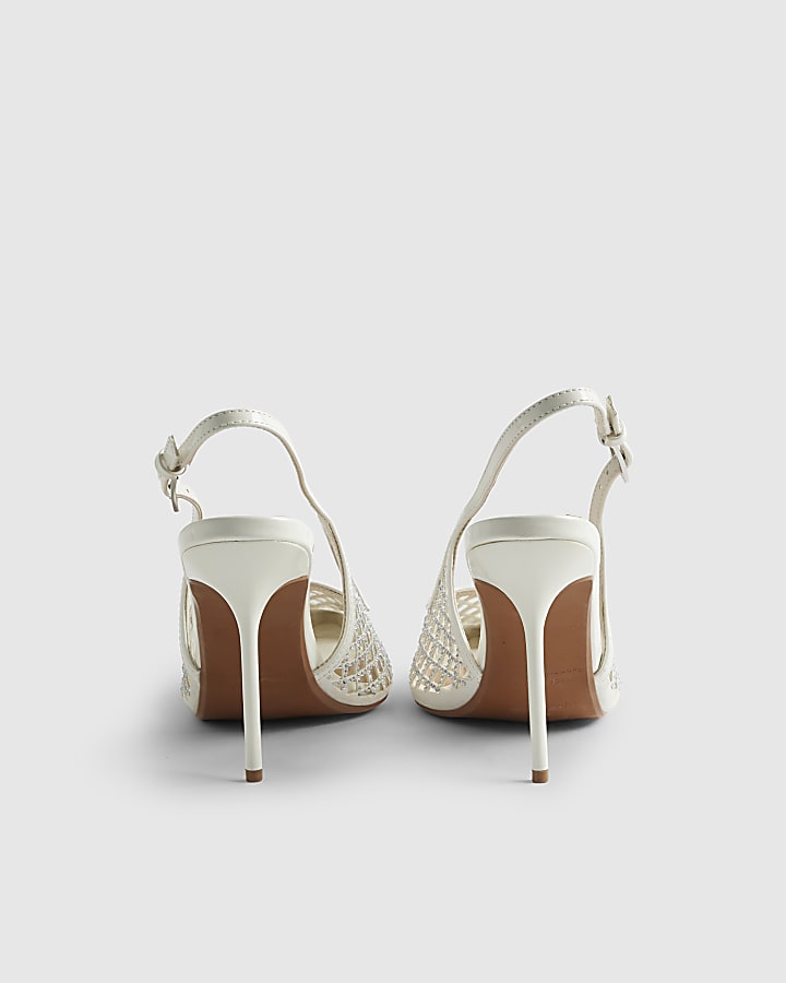White Diamante Vinyl Sling Back Court Heels