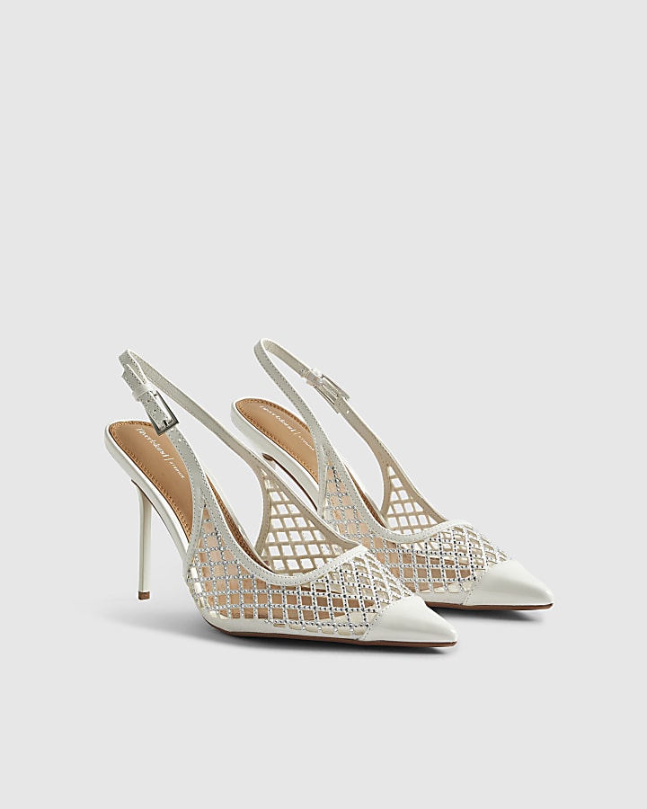 White Diamante Vinyl Sling Back Court Heels