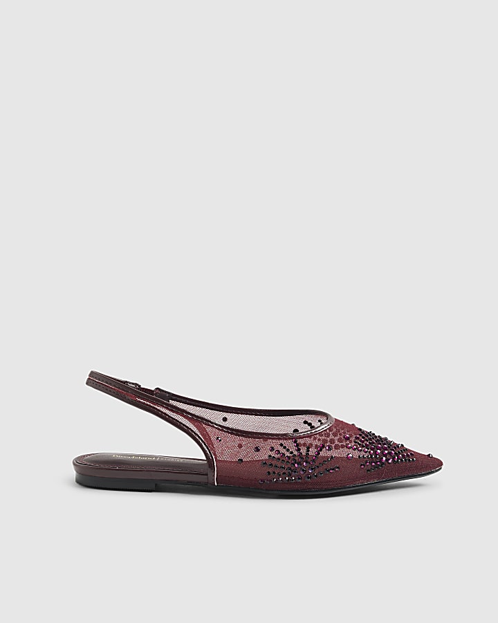 Red Embellished Mesh Slingback Pumps