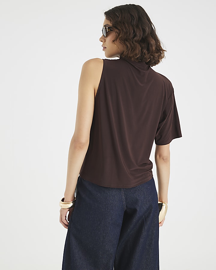 Brown One Shoulder Scarf Neck Detail T-shirt