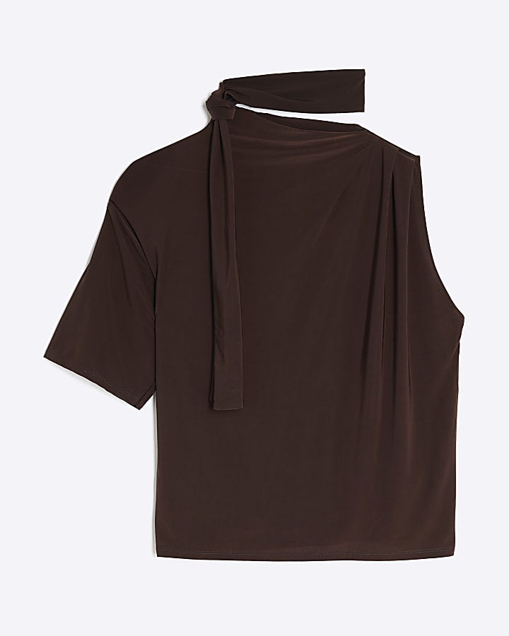 Brown One Shoulder Scarf Neck Detail T-shirt