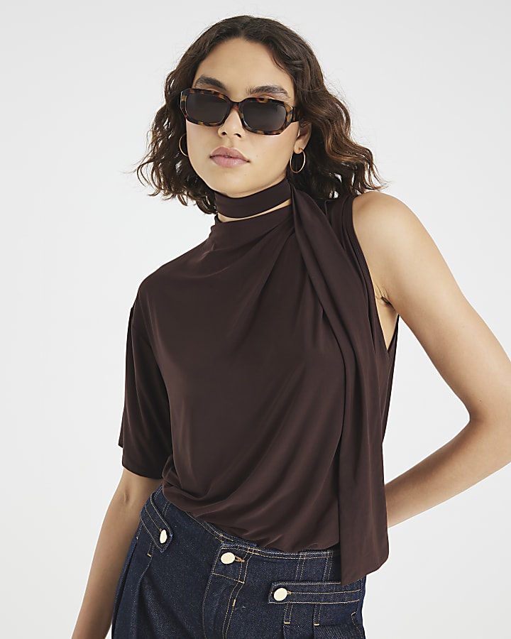 Brown One Shoulder Scarf Neck Detail T-shirt