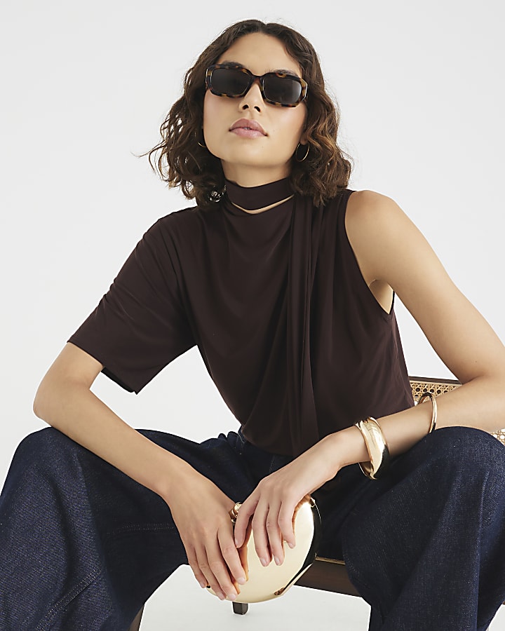 Brown One Shoulder Scarf Neck Detail T-shirt