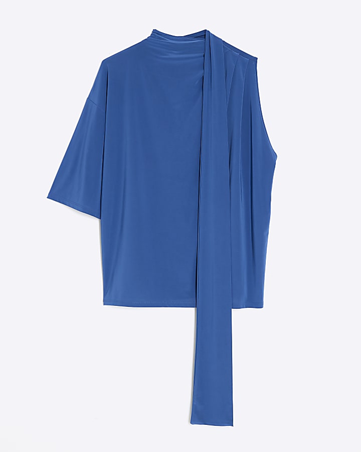 Blue Short Sleeve Scarf Neck Detail Top