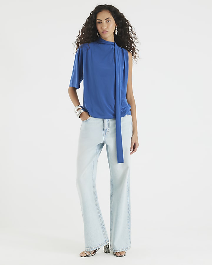 Blue Short Sleeve Scarf Neck Detail Top