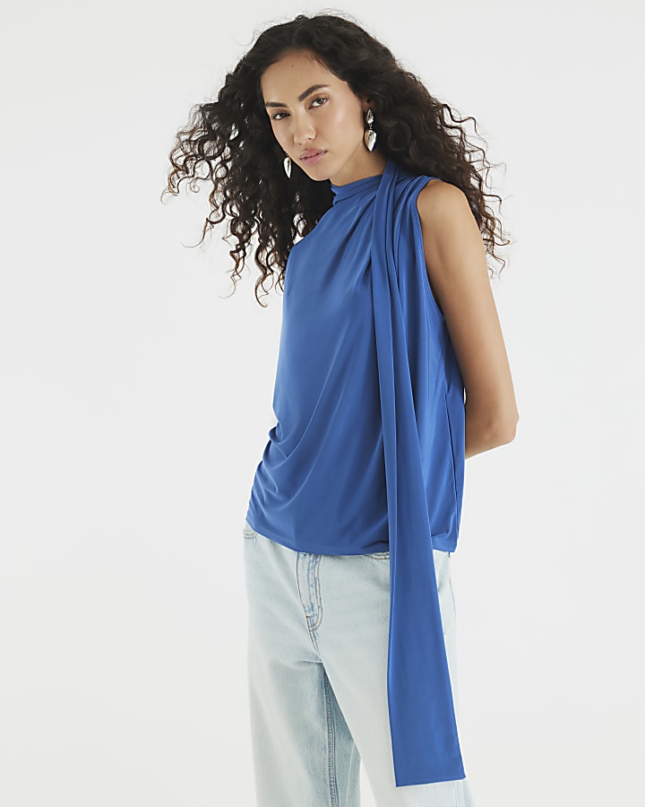 Blue Short Sleeve Scarf Neck Detail Top