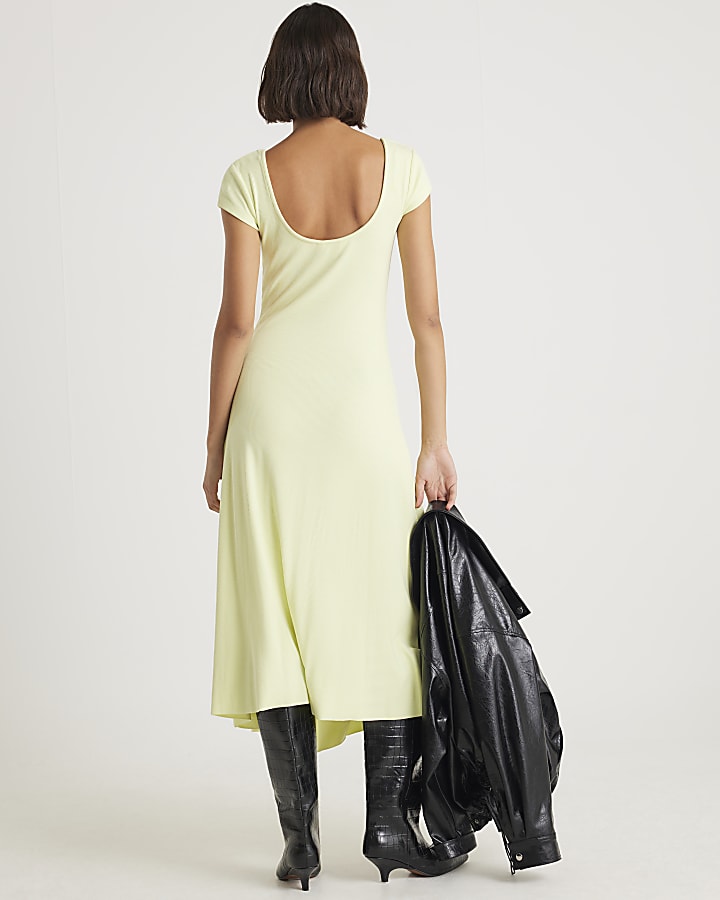 Green Cap Sleeve Asymmetric Midi Dress