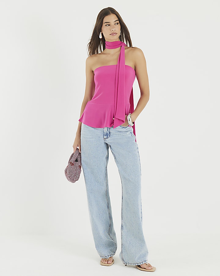 Pink Sleeveless Scarf Neck Bandeau Top