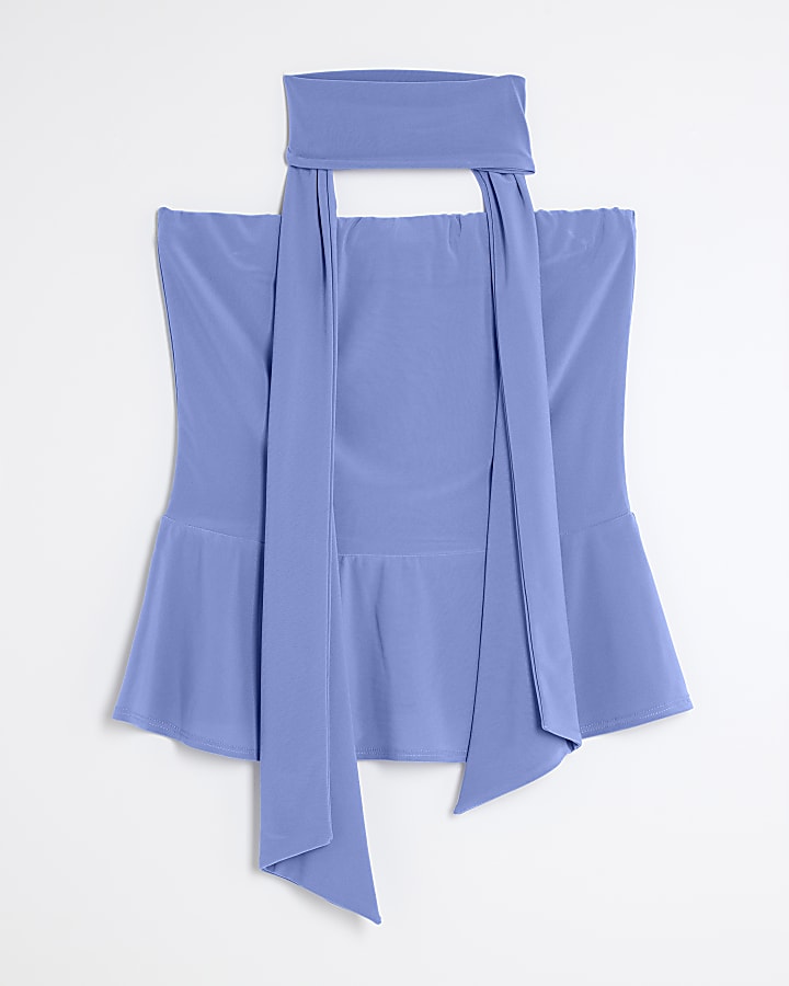 Blue Sleeveless Scarf Neck Bandeau Top