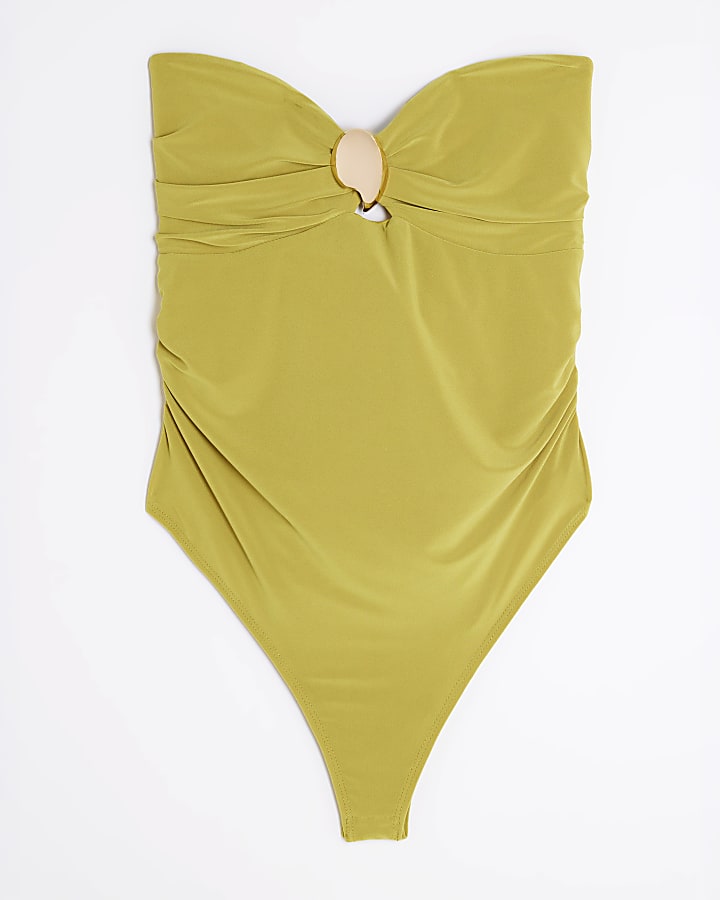 Green Sleeveless Gold Trim Bandeau Bodysuit