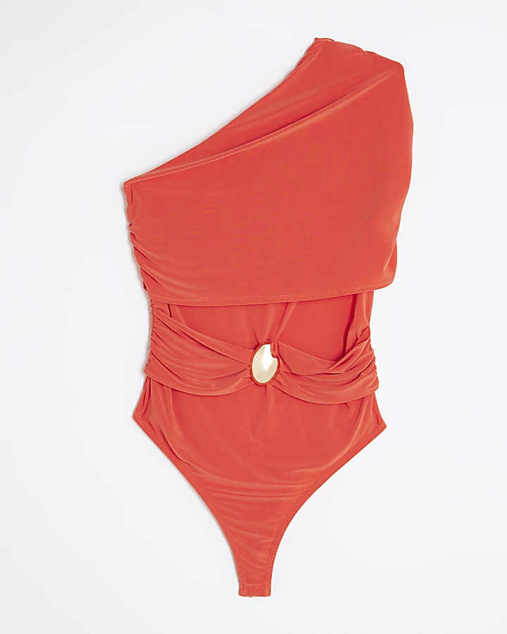 Orange Sleeveless Gold Trim Shawl Bodysuit