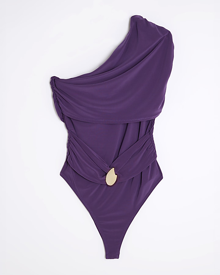 Purple Sleeveless Gold Trim Shawl Bodysuit