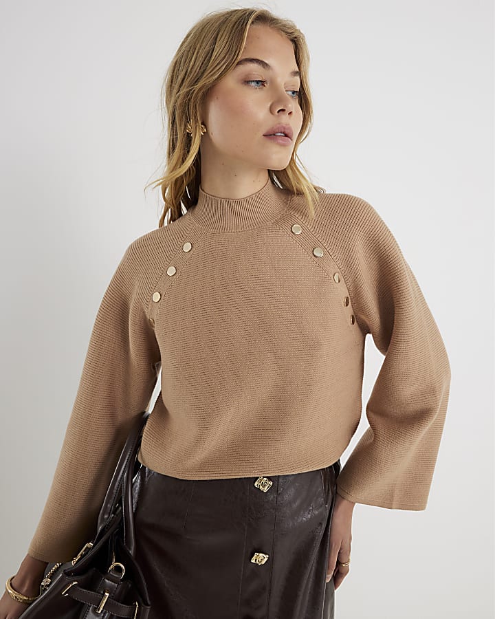 Brown Knitted High Neck Jumper