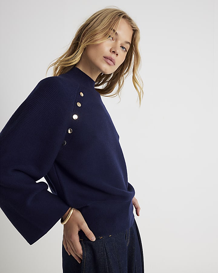 Navy Knitted High Neck jumper