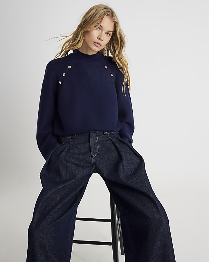 Navy Knitted High Neck jumper