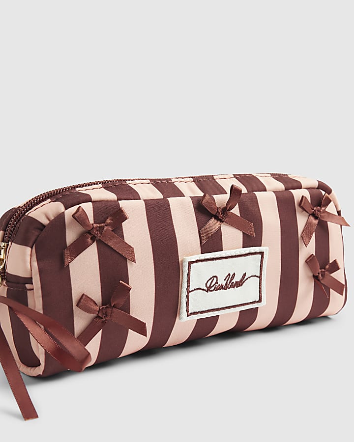 Pink Bow Stripe Makeup Brush Bag