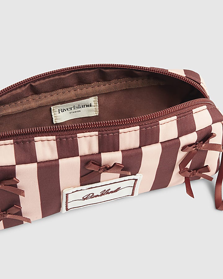 Pink Bow Stripe Makeup Brush Bag