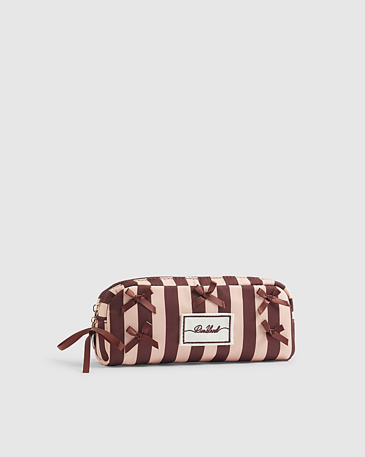 Pink Bow Stripe Makeup Brush Bag