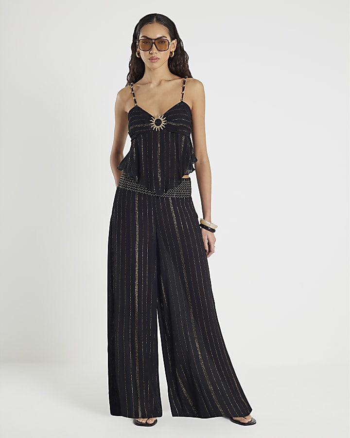 Black Embellished Stripe Trousers