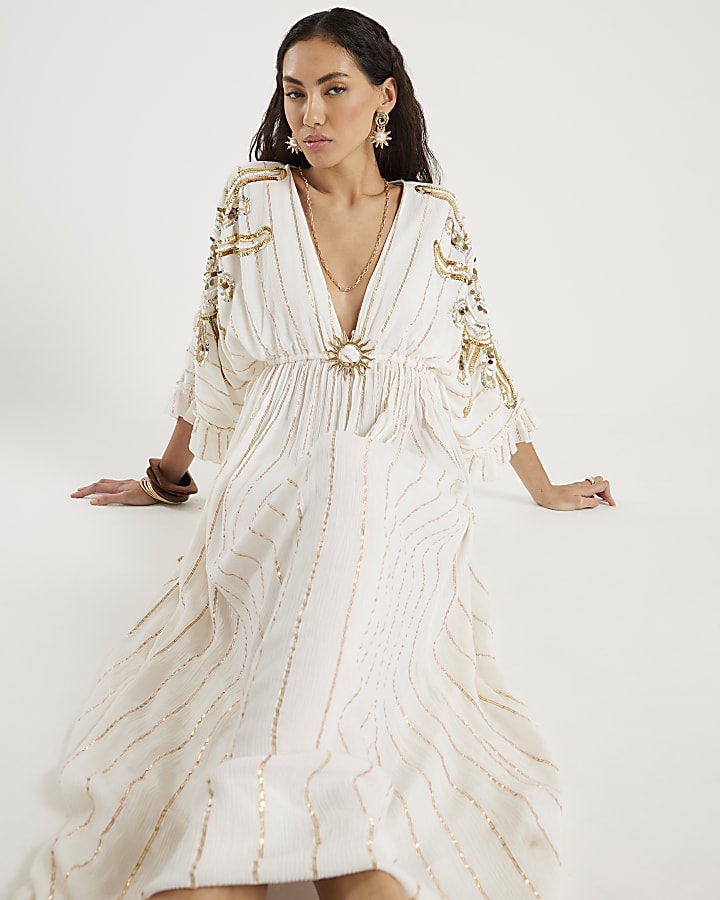 Cream Sun Detail Embellished Maxi Beach Dress